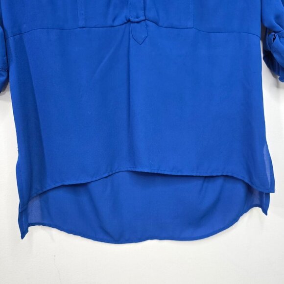 Express Royal Blue Flowy Roll Tab Henley Long Sleeve Top - Picture 3 of 8